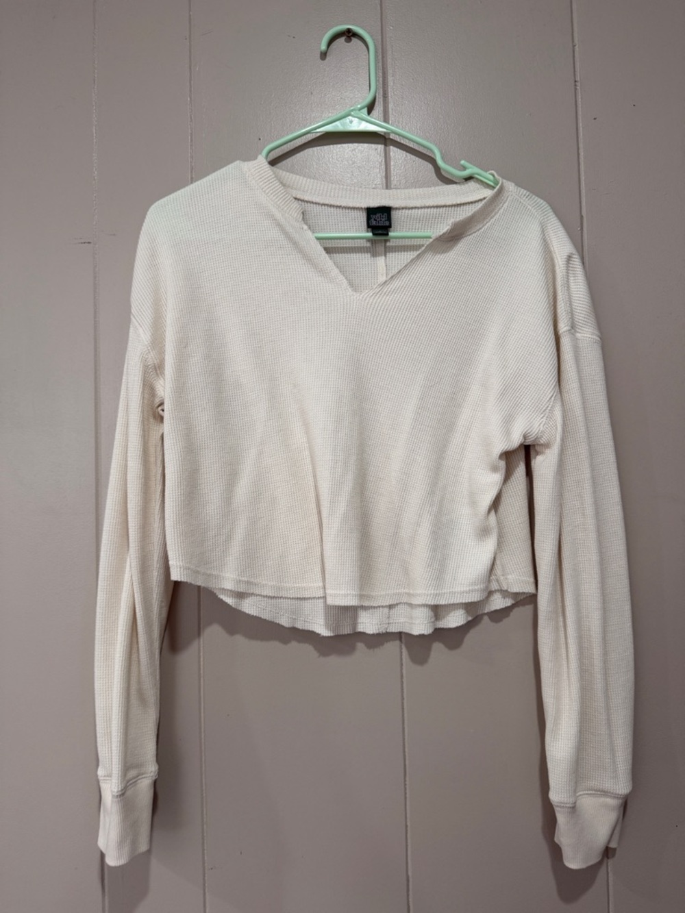 wild fable Cream Cropped Waffle-Knit V-Neck Long Sleeve Top